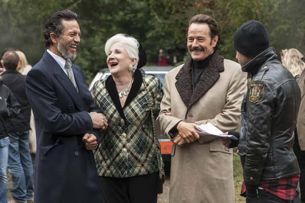 Actors Benjamin Bratt, Olympia Dukakis, Bryan Cranston and Director Brad Furman enjoy a moment of levity behind the scenes on the set of THE INFILTRATOR