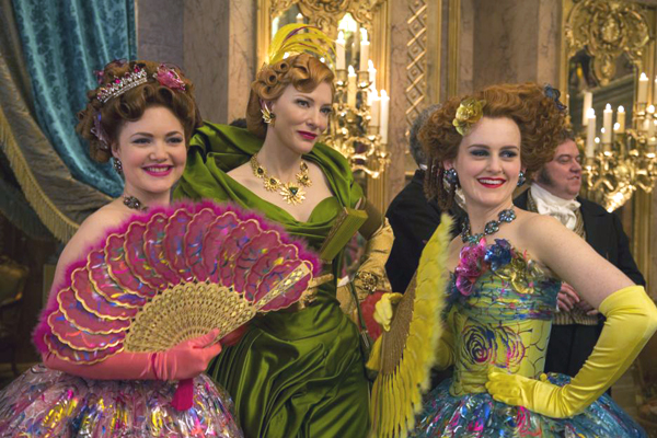Anastasia (Holliday Grainger) and Drisella (Sophie McShera) with Lady Tremaine (Cate Blanchett)