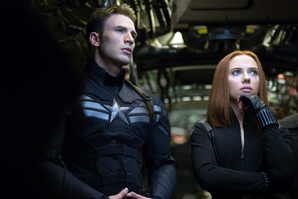 Chris Evans as Captain America and Scarlett Johansson as Black Widow