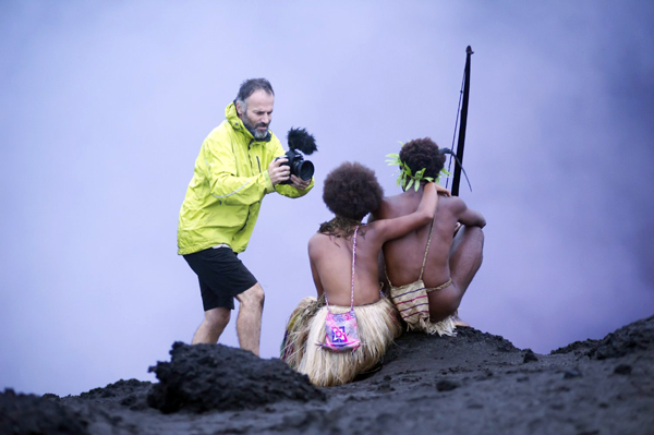 Director Bentley Dean shoots a scene on the rim of the Volcano