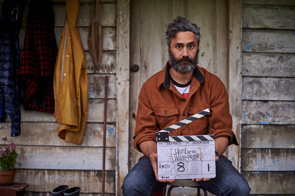 Director Taika Waititi goofing on the set of Hunt for the Wilderpeople