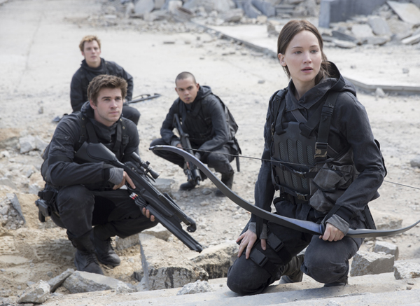 Gale Hawthorne (Liam Hemsworth) Finnick Odair (Sam Claflin ) Messalla (Evan Ross) and Katniss Everdeen (Jennifer Lawrence) 
