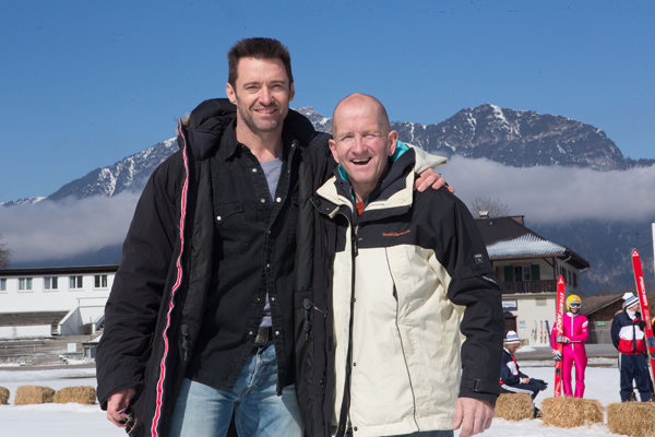 Hugh Jackman, left, poses with the real Eddie Edwards on the set of EDDIE THE EAGLE.