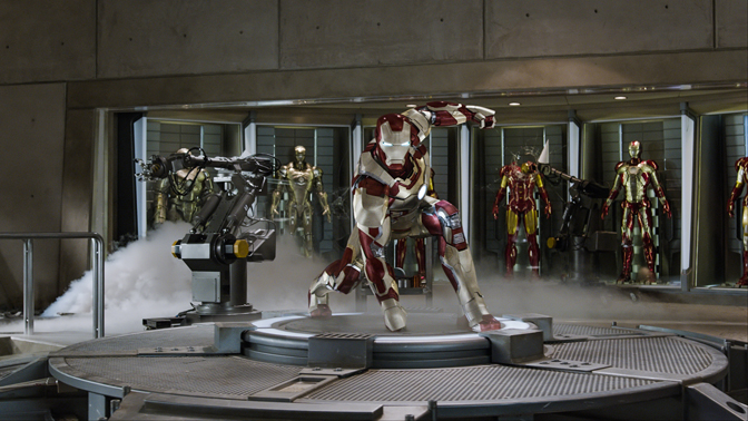 Tony Stark/Iron Man (Robert Downey Jr.) with his new suit and many back-ups