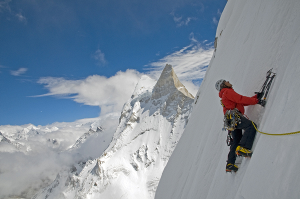 Meru Expedition, Garwhal, India. Jimmy Chin on side of Meru