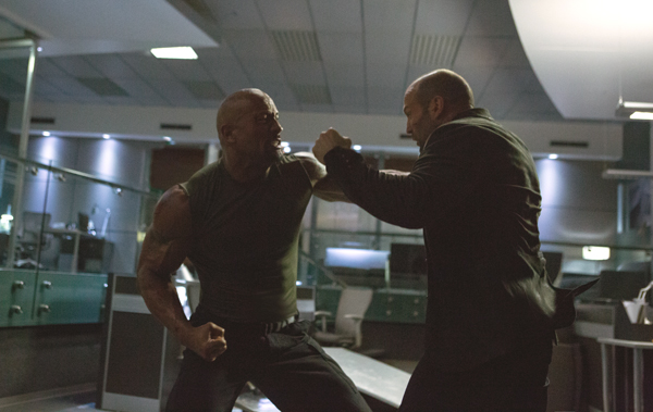 Luke Hobbs (Dyane Johnson) fights to the finish with Deckard Shaw (Jason Statham)