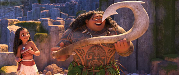 Maui finds his big hook as Moana looks on in Disney's MOANA