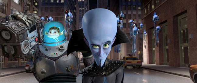 Minion (voiced by David Cross) and Megamind (voiced by Will Ferrell)