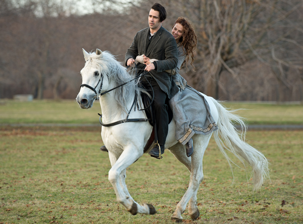 Peter (Farrell)  rides off with Beverly (Findlay) on Pegasus