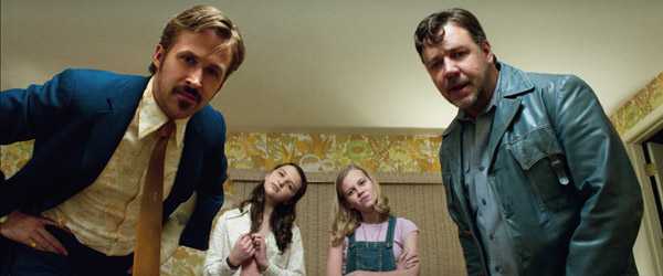 RYAN GOSLING as Holland March, DAISY TAHAN as Jessica, ANGOURIE RICE as Holly and RUSSELL CROWE as Jackson Healy