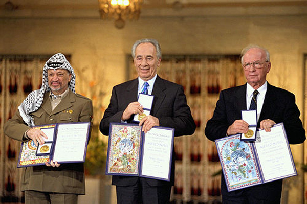 Rabin receives the Nobel Peace Prize along with Shimon Peres and Yasser Arafat