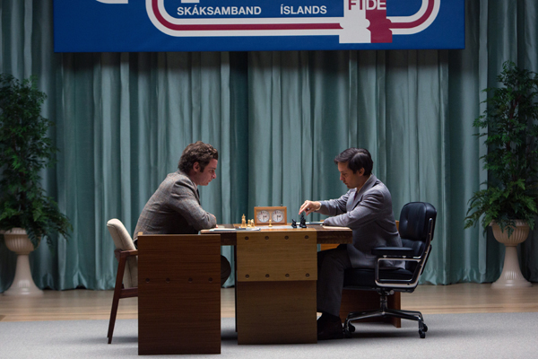 Boris Spassky (Liev Schreiber) and Bobby Fischer (Tobey Maguire) face of in Chess