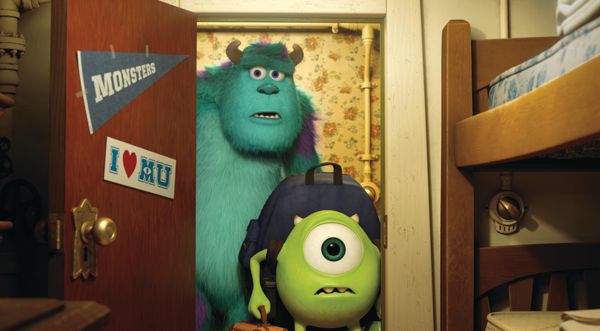 Sully and Mike enter a dorm room at Monsters University