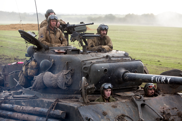 Wardaddy (Brad Pitt), Grady "Coon-Ass" Travis (Jon Bernthal), Boyd "Bible" Swan (Shia LeBeouf), Norman (Logan Lerman) and Trini "Gordo" Garcia (Michael Pena) in Columbia Pictures' FURY.