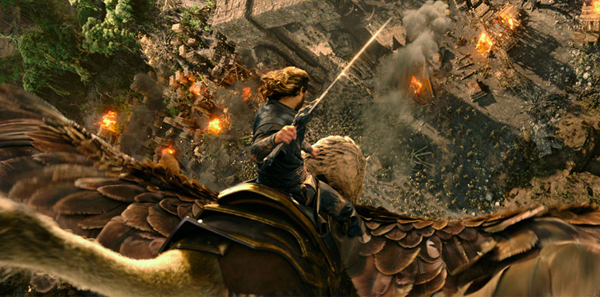 Travis Fimmel as Sir Anduin Lothar hopping a ride on a giant bird in Warcraft