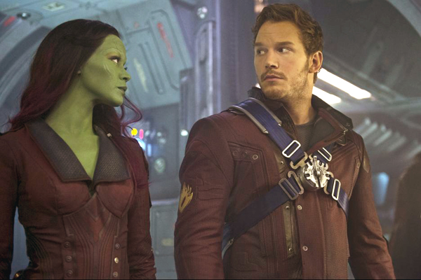Zoe Saldana as Gamora and Chris Pratt as Peter Quill