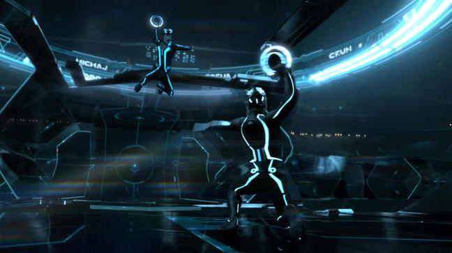 Sam faces off against a program in Tron: Legacy