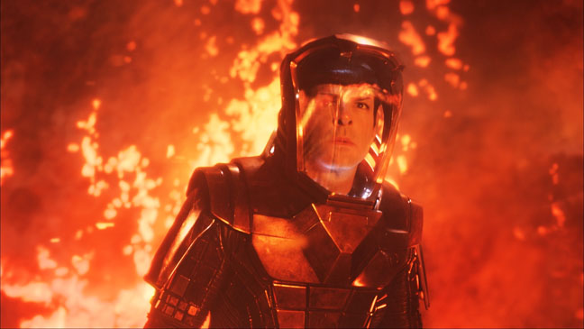 Spock (Zachary Quinto) caught up in the flames of a volcano in STAR TREK INTO DARKNESS